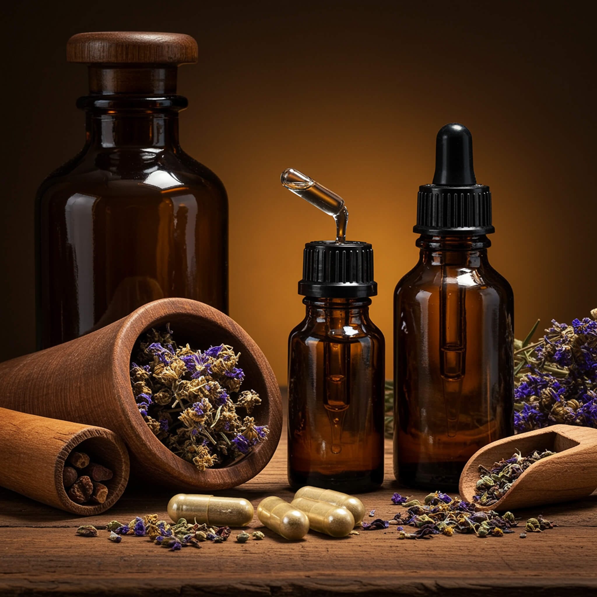 Bottles and herbs for natural remedies