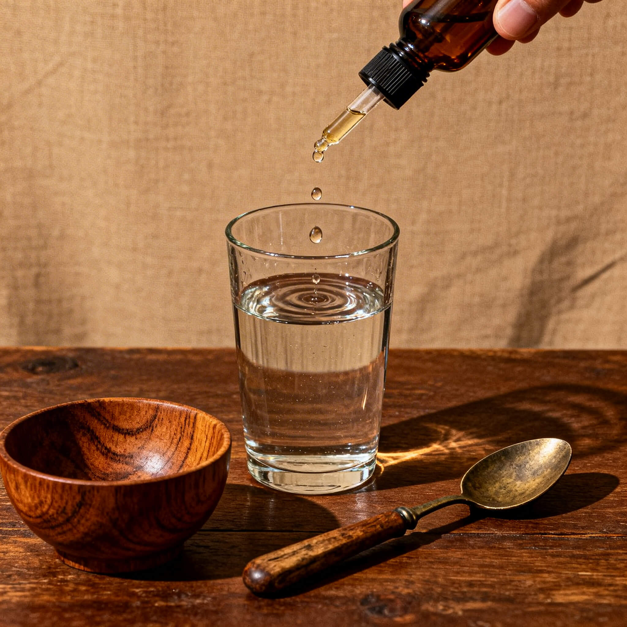 Herbal tincture drops into water glass.