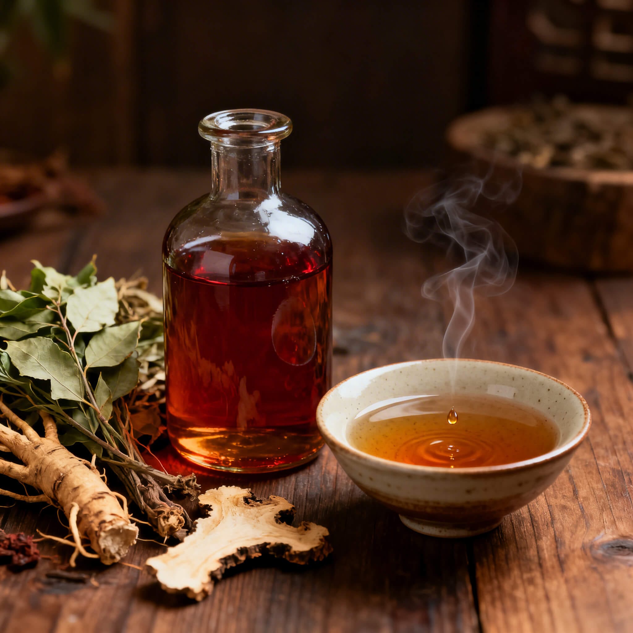 Herbal tea with steam and ingredients